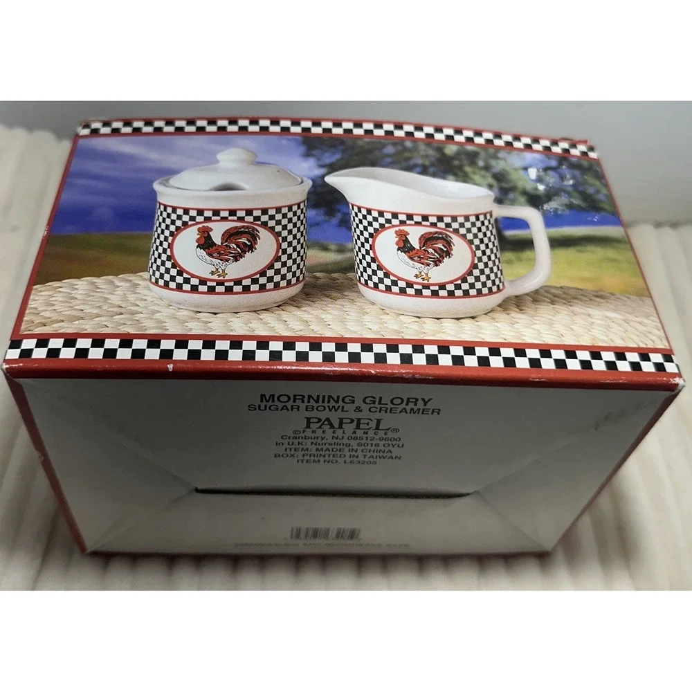 Morning Glory Designs Ceramic Rooster Creamer & Sugar Set Red White Black